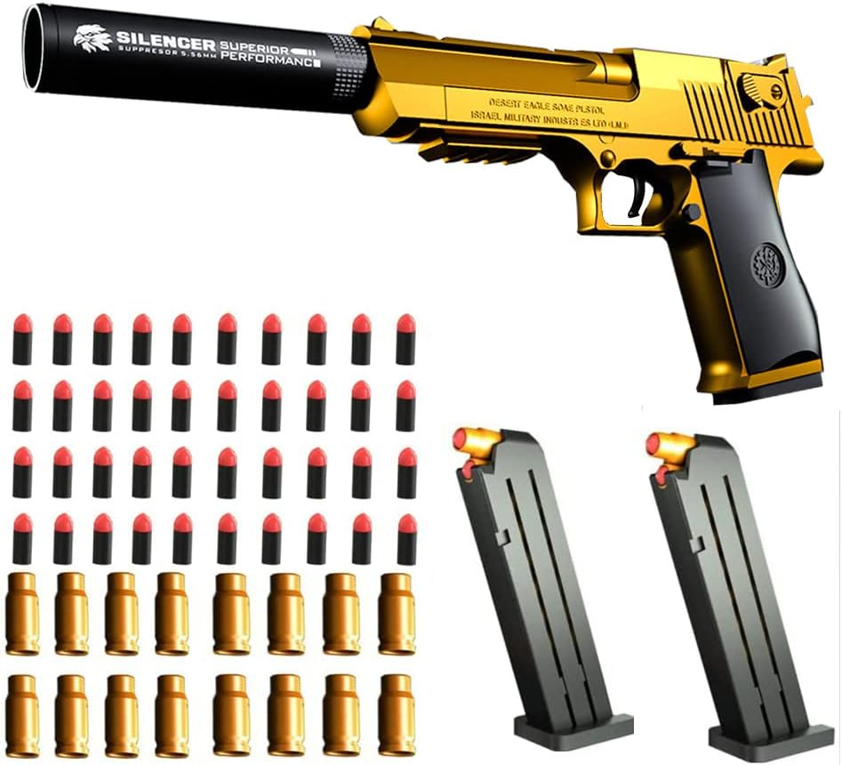 Toy gun with soft bullets,Foam Blasters,toy gun for Boys with ejectable magazine-1:1 size toy gun with magazine for safety training or play,unique gift-golden