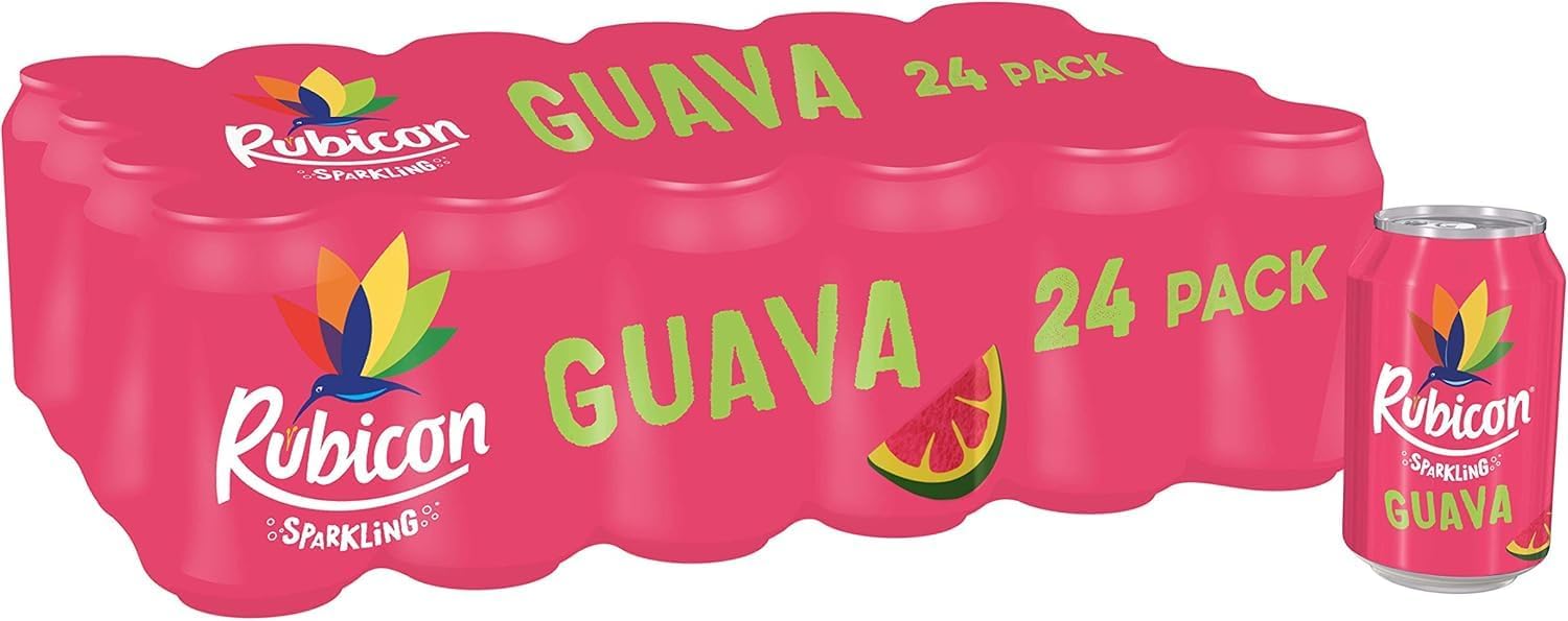 Rubicon 24 Pack Sparkling Guava Flavoured Fizzy Drink with Real Fruit Juice, Handpicked Fruits for a Temptingly Intense Taste "Made of Different Stuff" - 24 x 330ml Cans by Kandy Collection