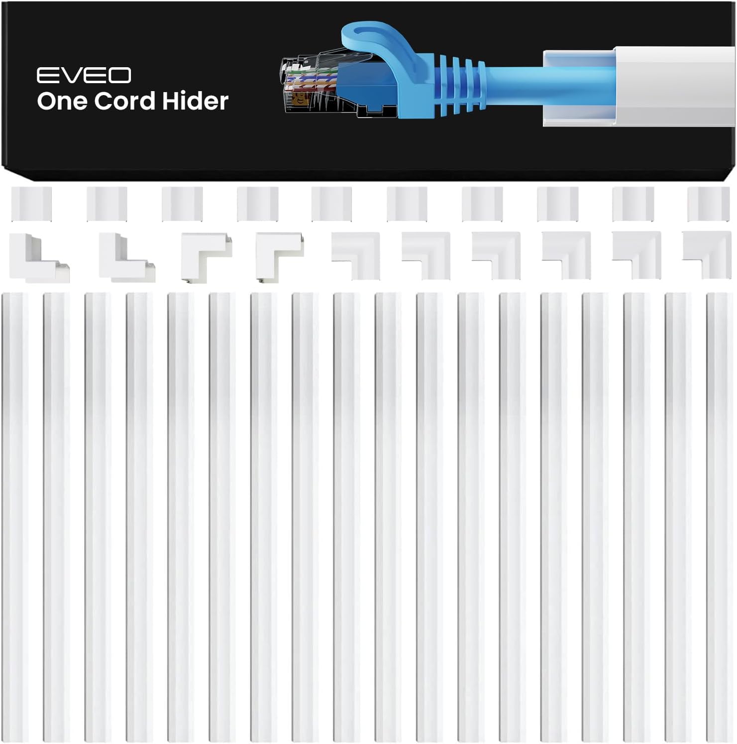 EVEO Cord Hider - 300” Cord Cover Wall Cable Hider, Cable Concealer, Wire Hiders for TV on Wall. Cable Management, Cord Hider Cable Raceway Wire Covers for Cords (White, Small)