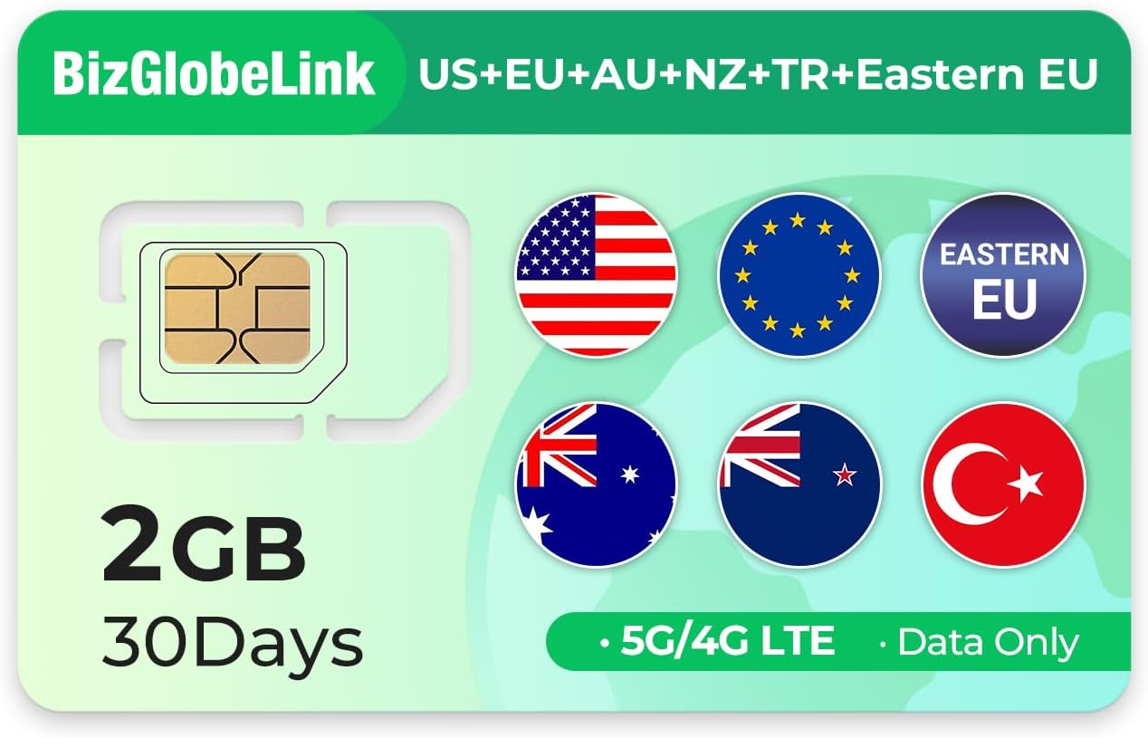 International Data SIM Card for Travel - USA & Europe & Australia & New Zealand & Eastern Europe & Turkey 5G/4G/LTE Coverage - No Contract, Easy Management, 3 in 1 SIM Data only No Phone Number