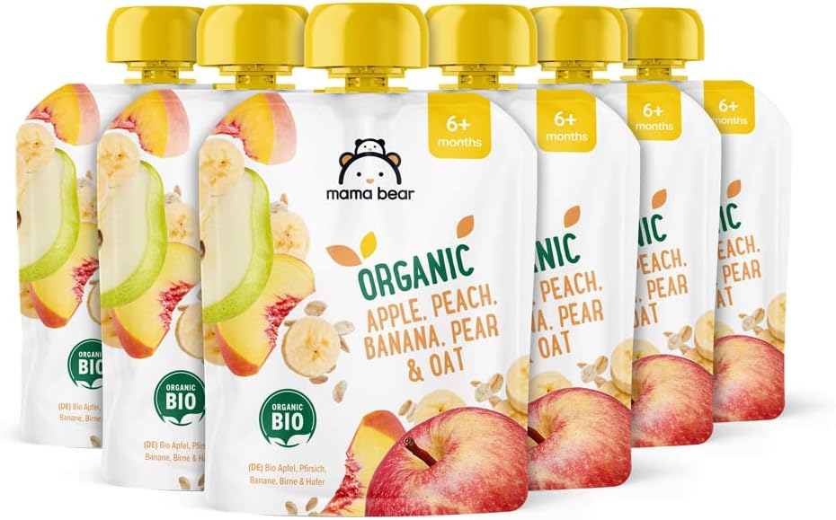 Amazon Brand - Mama Bear Fruit and Cereal Pouch, Organic Apple, Peach, Banana, Pear & Oat Puree, Vegetarian, 90g, Pack of 6