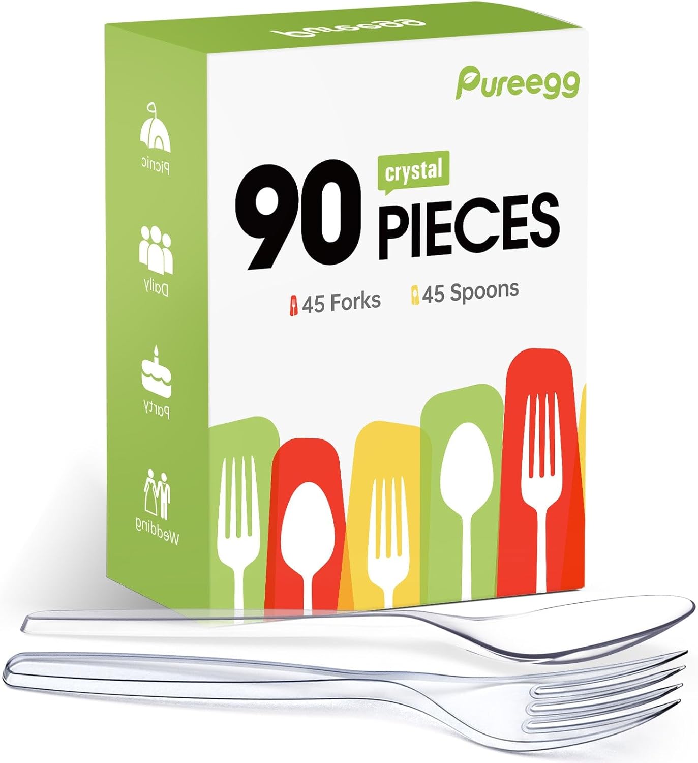 Pureegg Plastic Forks and Spoons - 90 Packs, 7" Disposable Plastic Silverware, Heavy-Duty Party Supplies, Heat-Resistant & BPA-Free Plastic Cutlery, Clear Utensile Combo: 45 Forks, 45 Spoons