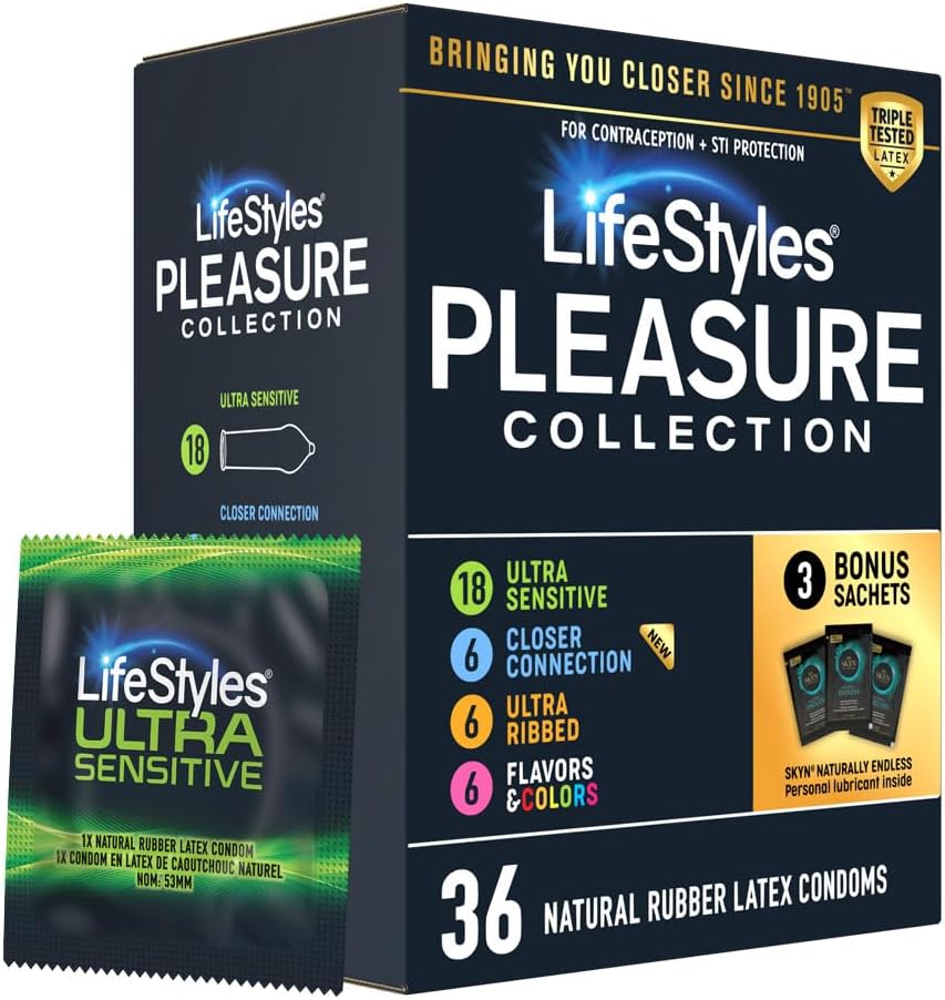 Lifestyles Pleasure Collection Assorted Lubricated Natural Latex Condoms, 36 Count, 3 Bonus Personal Lubricant Sachets, Triple Tested (Pack of 1)​