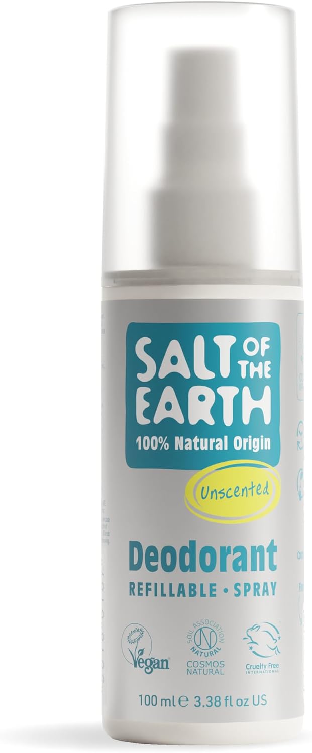 Salt of the Earth – Refillable Natural Deodorant Spray – 100% Natural Origin Ingredients - Vegan, Long Lasting Protection – Suitable For Women, Men & Kids - 100ml (Unscented)