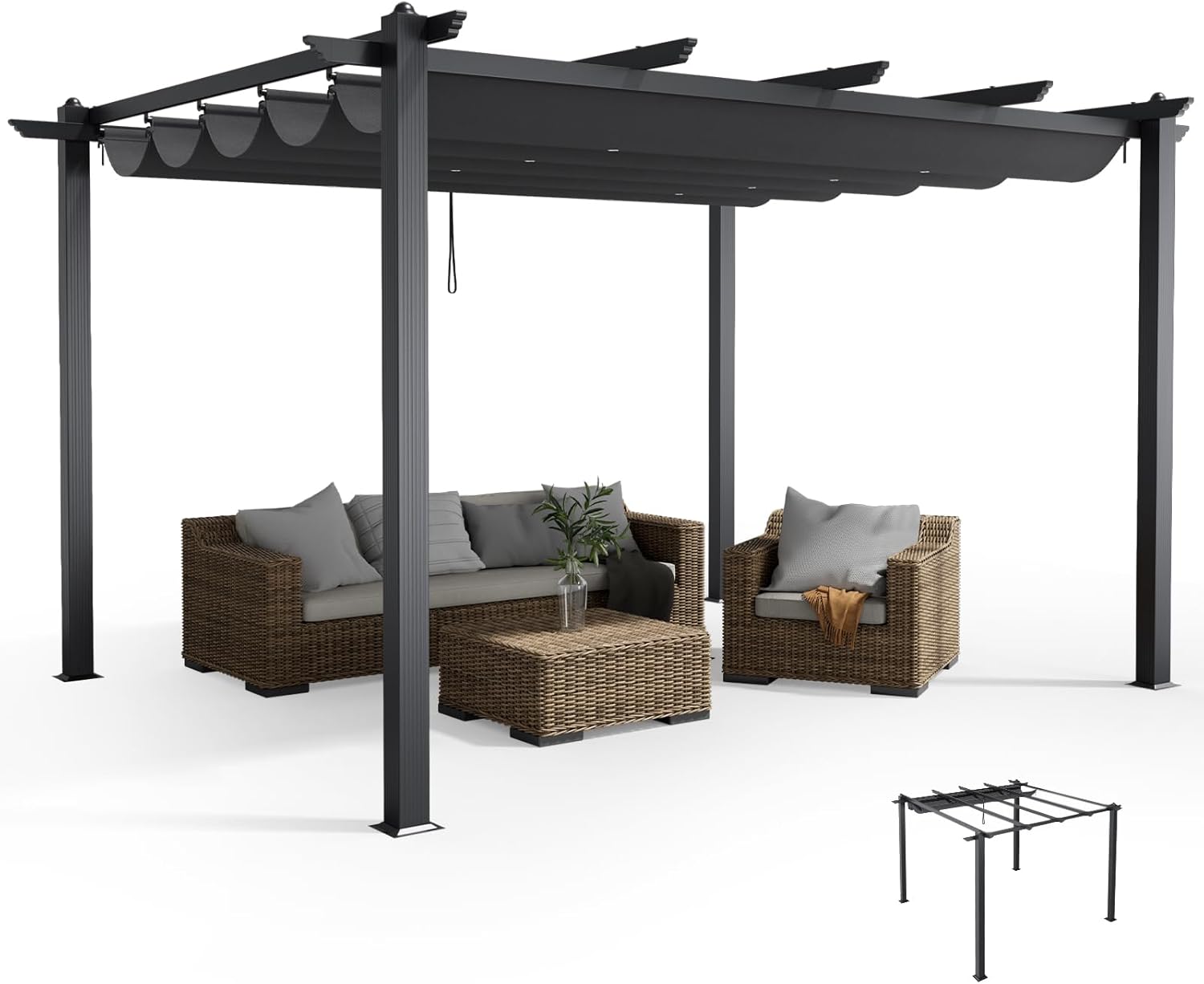 The Fellie 3M x 4M Aluminium Pergola with Retractable Roof, Outdoor Garden Gazebos Waterproof, Metal Pergola for Garden, Party, Patio, Dark Grey