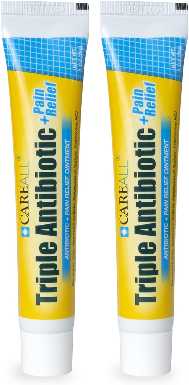 CareAll Triple Antibiotic Ointment + Pain Relief 1.0 oz (2 Pack), Dual Action First Aid for Minor Scrapes, Cuts, and Burns to Help Prevent Infection While Providing Maximum Strength Pain Relief.