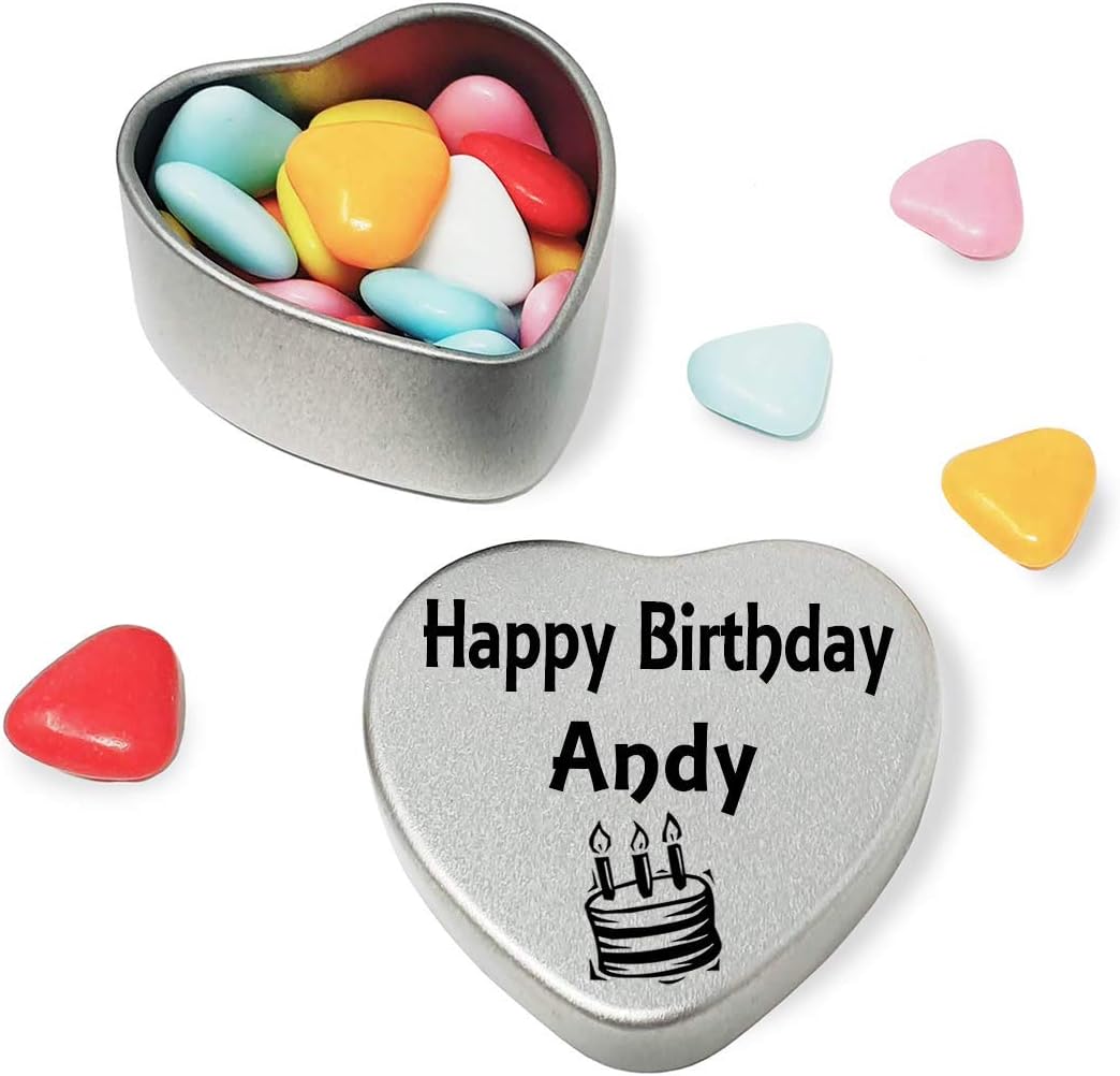 Happy Birthday Andy Mini Silver Heart Shaped Tin Gift filled with chocolates Great Birthday present for Andy Show somebody you are thinking of them