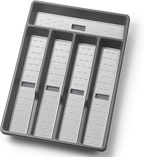 Silverware Organizer with Cutlery Icons，Silverware Tray for Kitchen Drawer，Plastic Flatware Tableware Silverware Drawer Organizer Utensil Organizer with Non-slip TPR Linings，5-Compartment