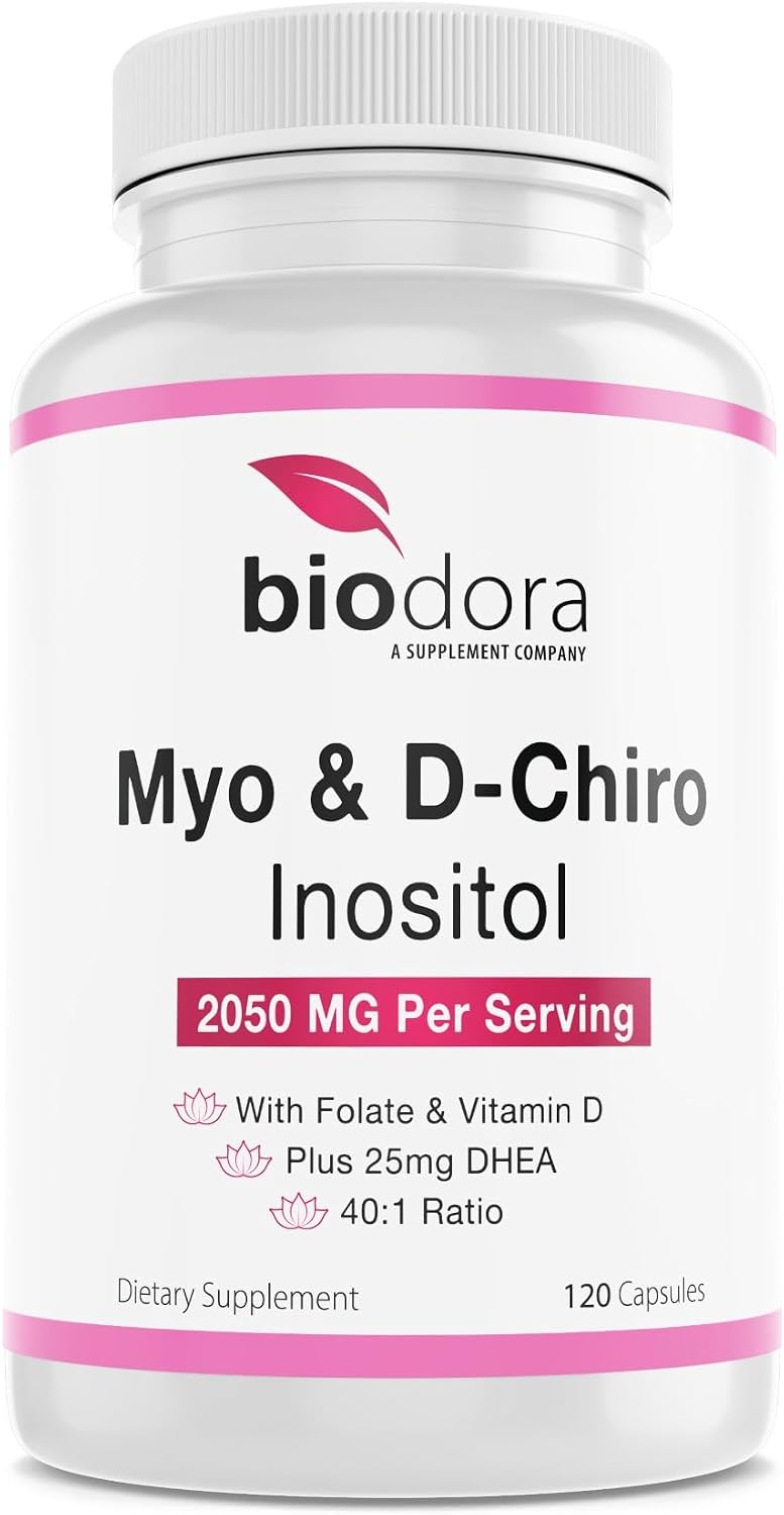 Myo& D-Chiro Inositol Supplement, with Folate and Vitamin D, 40 to 1 Ratio, Includes DHEA, Helps in Hormone Balance, Ovarian Function, 2050mg per Serving, 120 Capsules
