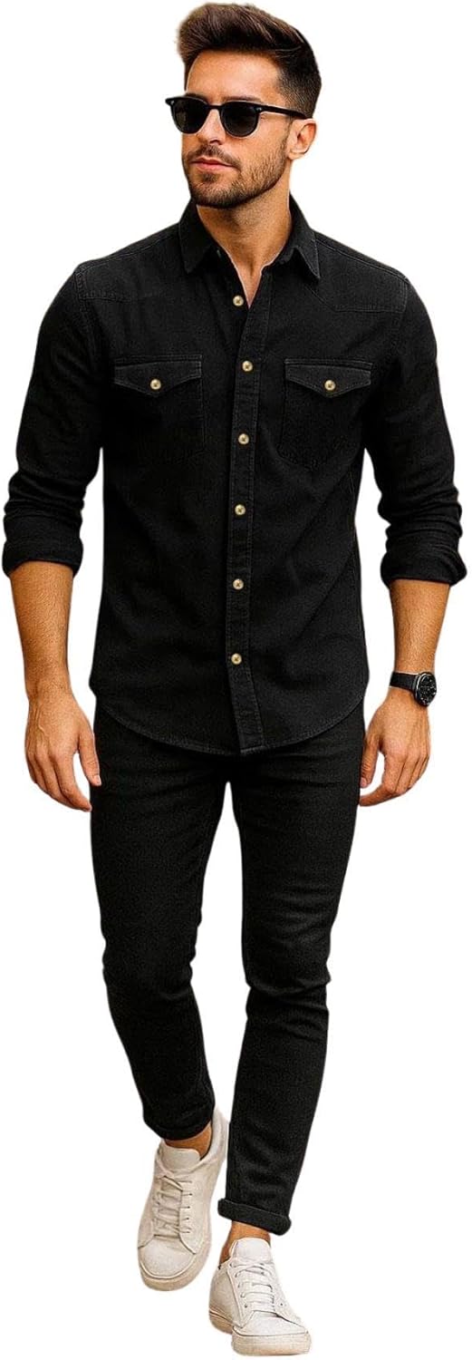 True Face Mens Denim Shirt 100% Cotton Multi Pocket Long Sleeve Casual Collared Button Down Washed Effect Shirts Top