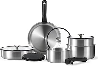 CAROTE 12pcs Pots and Pans Set, Stainless Steel Cookware Set Detachable Handle, Induction Kitchen Cookware Sets with Removable Handle, RV Cookware Set, Oven Safe, Cream White
