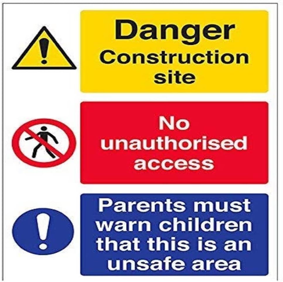 V Safety 6C020BC-R Multi Hazard Site Safety Must Warn Children Warning Sign - Portrait - 300mm x 400mm - 1mm Rigid Plastic, Black/Blue/Red/Yellow