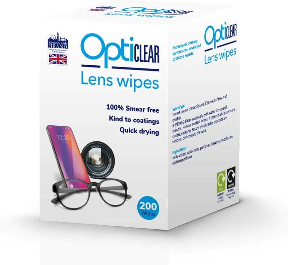 Opticlear Lens Wipes - Cleaning Wipes for Eyeglasses, Smartphones, Tablets, Laptops, TV, Cameras, Screens & Optical Devices - Smear-Free, Quick Drying, Anti-Fog, Safe for Coatings - 200 Count