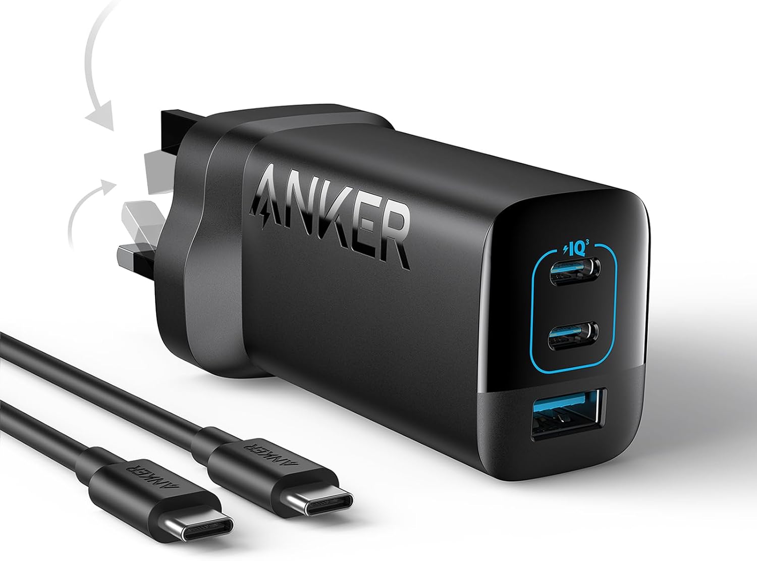 67W USB C Plug, Anker PIQ 3.0 Compact and Foldable 3-Port USB C Charger, For iPhone 16/16 Pro/16 Pro Max/16 Plus, MacBook, iPad, Galaxy, Pixel, and More (5 ft USB C to C Cable Included)