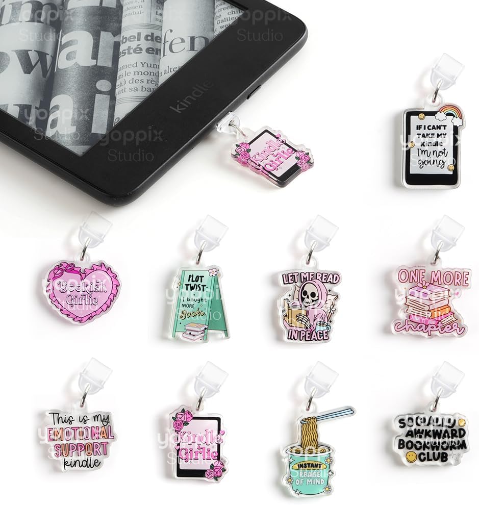 9PCS Charms for E-Reader, About Funny Theme Dust Plug Charm Compatible with Type C Charging Port, Gift for Book Lover Readers Men Women Teachers Students, Accessories for E-Reader