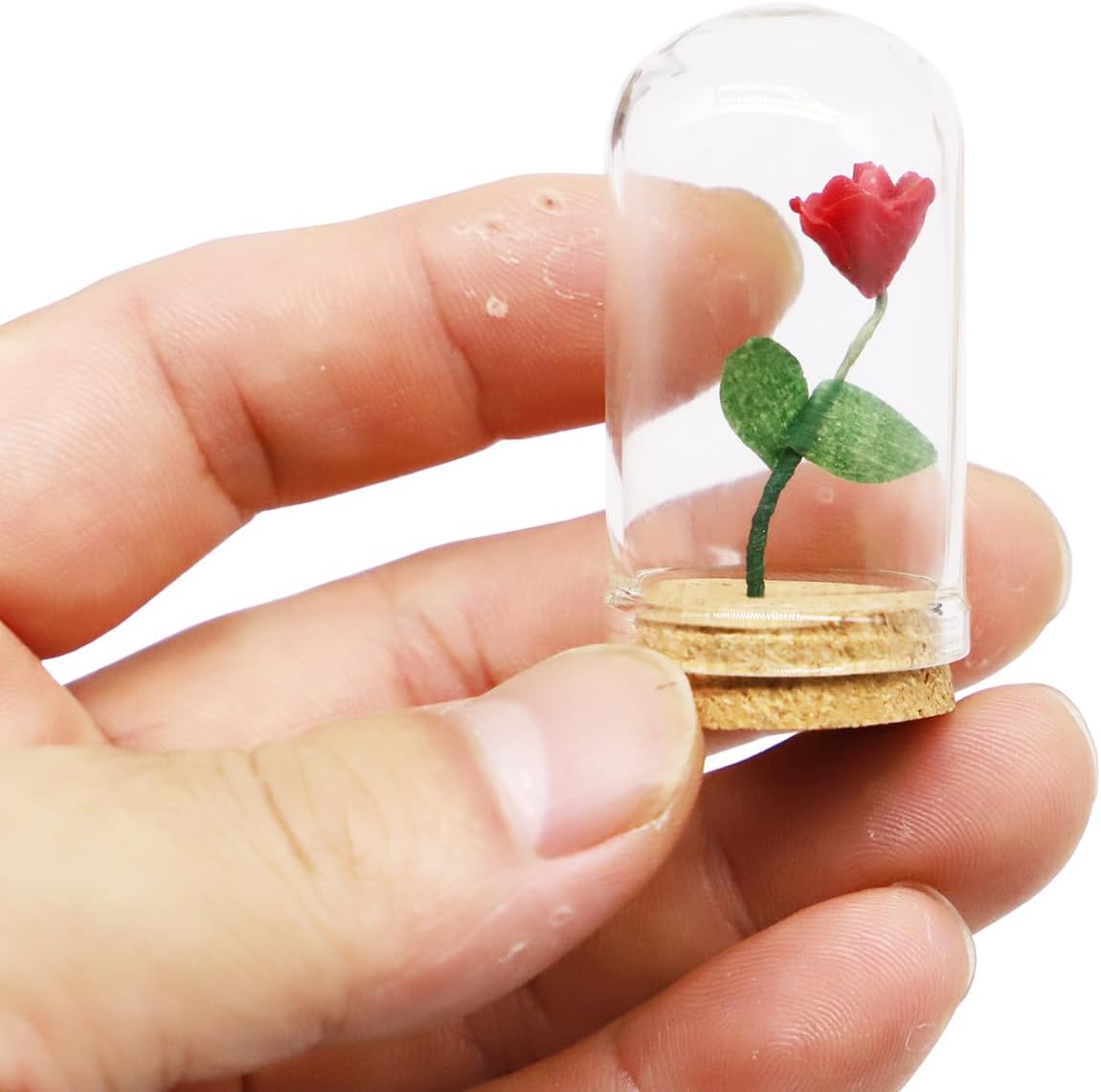 1/6 Dollhouse Miniature Rose with Glass Dome, Faux Flowers, Mini Rose Flowers, Miniature Valentine's Gift, for Dollhouse Miniatures Fairy Garden, Diorama (1PCS) (Red Rose)