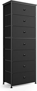 Tall Fabric Dresser for Bedroom, Vertical Storage Organizer Tower with 7 Drawers, Chest of Drawers with Bins, Steel Frame, Wood Top for Bedroom, Closet, Entryway Black