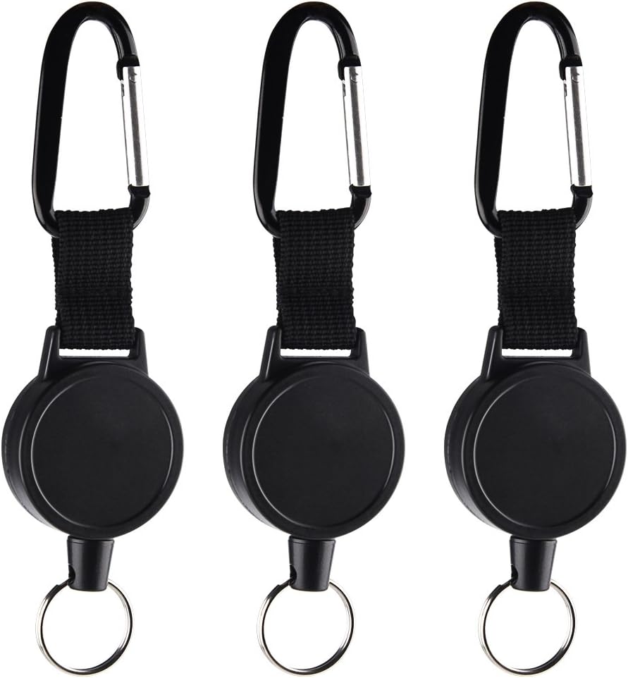 KUUQA 3 Pieces Heavy-Duty Retractable Keychains Retractable Badges Reel Clip with 65cm/ 25 Inches Steel Wire Rope, Black