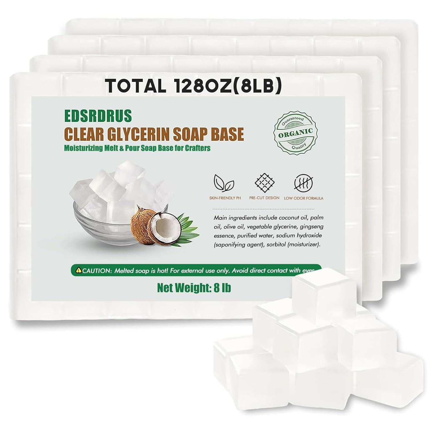EDSRDRUS 8LB Clear Glycerin Soap Base DIY Handmade Soap Moisturizing Melt and Pour Soap Base for Crafting, Vegetable Glycerin & Coconut Oil, Easy to Cut, Unscented 4pack, 128oz(8LB)