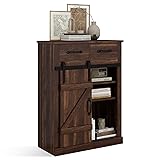 AILEEKISS Farmhouse Storage Cabinet Modern Buffet Sideboard with 2 Drawers & Barn Door Freestanding Kitchen Pantry Cabinet Coffee Bar Cabinet for Dining Room, Living Room, Bathroom, Entryway (Brown)