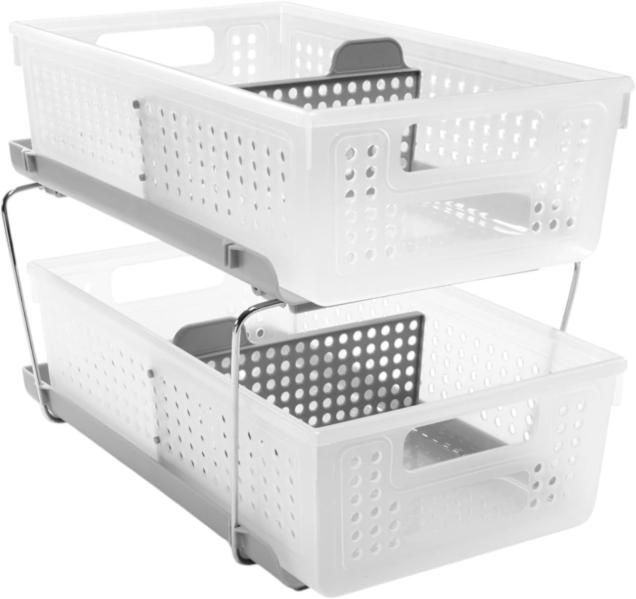 madesmart 2-Tier Organizer, Multi-Purpose Slide-Out Storage Baskets with Handles and Dividers, Frost