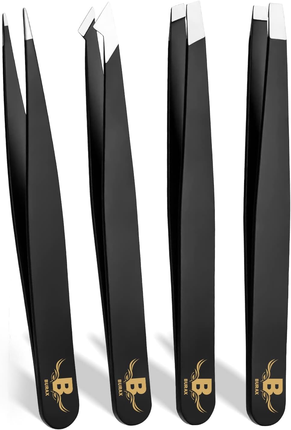 Burax Tweezers for Facial Hair Women Professional Stainless Steel Precision Tweezers for Women & Men (4 Pack Black)
