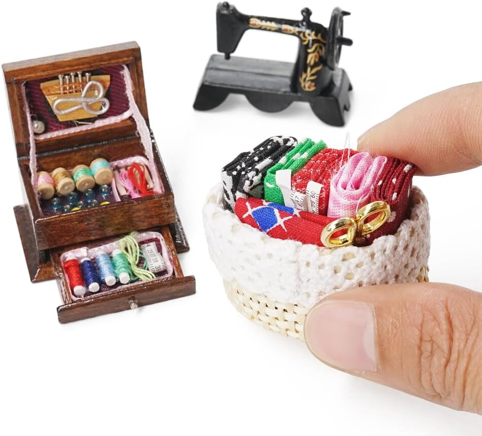 Odoria Dollhouse Sewing Kit Miniature - 1/12 Scale Sewing Basket Thread Box - Mini Sewing Machine Metal Vintage Retro