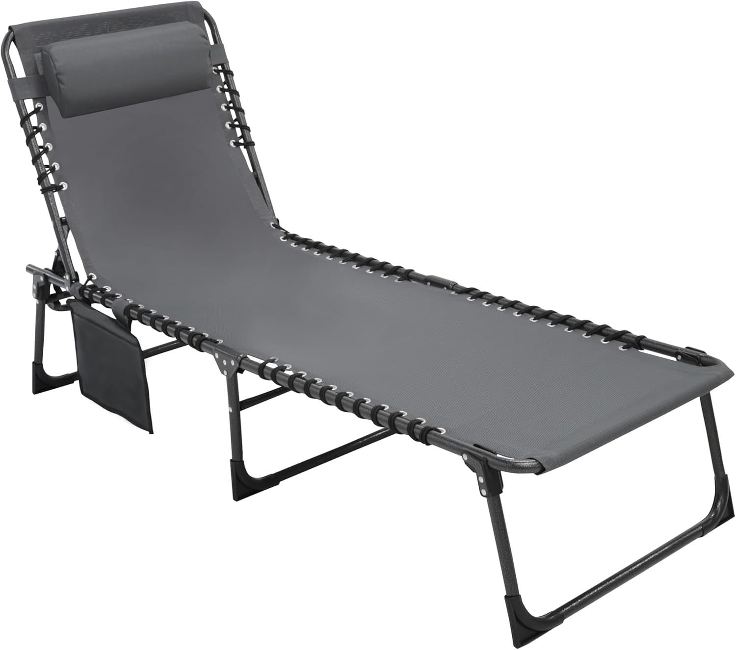 Outdoor Foldable Chaise Lounge Chair with Detachable Pillow & Pocket, Portable Tanning Chair with 5 Position Adjustable Back, Patio, Beach and Pool, Grey