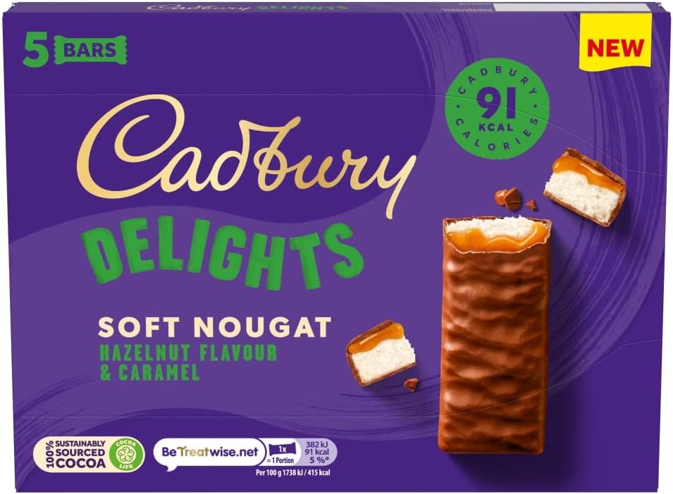 Cadbury Delights Soft Nougat Hazelnut Flavour & Caramel Bars, Chewy Nougat Bars With Hazelnut & Caramel, Multipack of 5 x 22 g (Pack of 1)