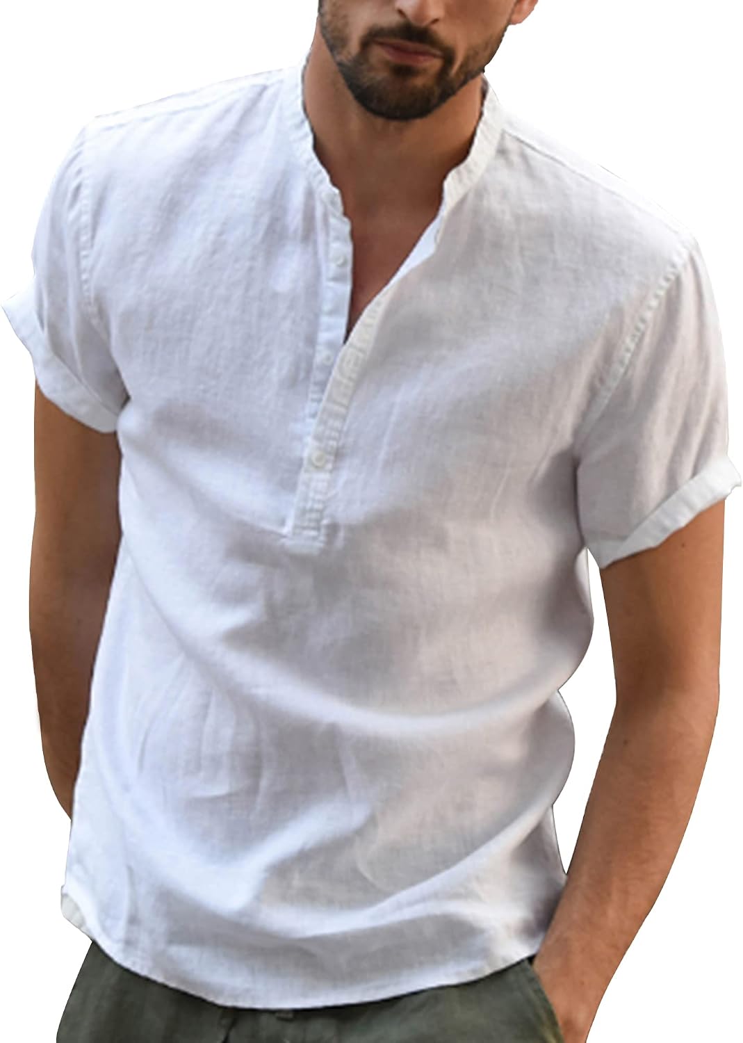 YAOBAOLE Men's Summer Linen Cotton Henley Shirt Casual Short Sleeve Button Up Beach Shirts