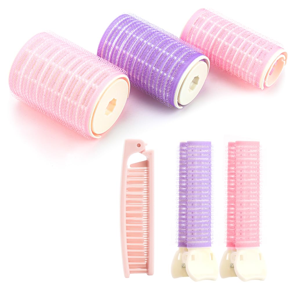 WALLFID Hair Roller Set 6 Pcs for Medium Long Hair, Includes 3 Curling Irons, 2 Volumizing Root Clips, 1 Comb (Volumizing Bangs Curler Set for Women)