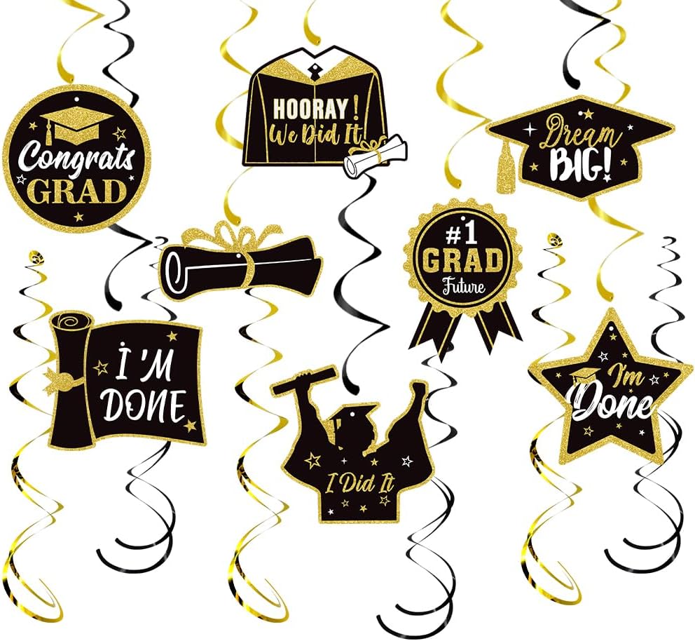 Graduation Decorations 2025 Hanging Swirls,14Pcs Class of 2025 Ceiling Swirls Black Gold Hanging Swirls Streamers 2025 Congrats Grad Party Supplies for Graduation Party Decorations