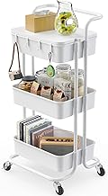 Pipishell 3 Tier Rolling Cart with Table Top, Utility Cart with Wheels & 4 Hooks, Rolling Storage Cart for Home Storage and Organization, White, PIUC09W