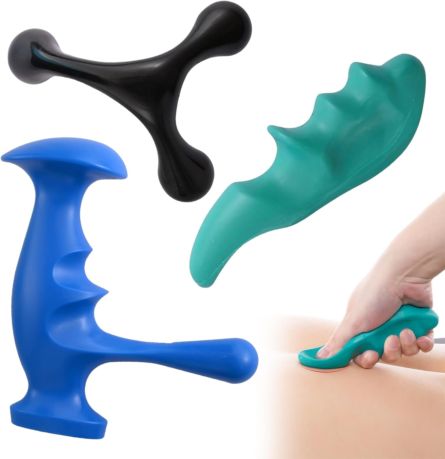 Manual Trigger Point Massage Tool and Thumb Saver for Full Body Deep Tissue Massage, Set Include 1 Green Thumb Protector Tool 1 Palm Urchin Massage Tool Hand Held 4-Legged Massage Knobs