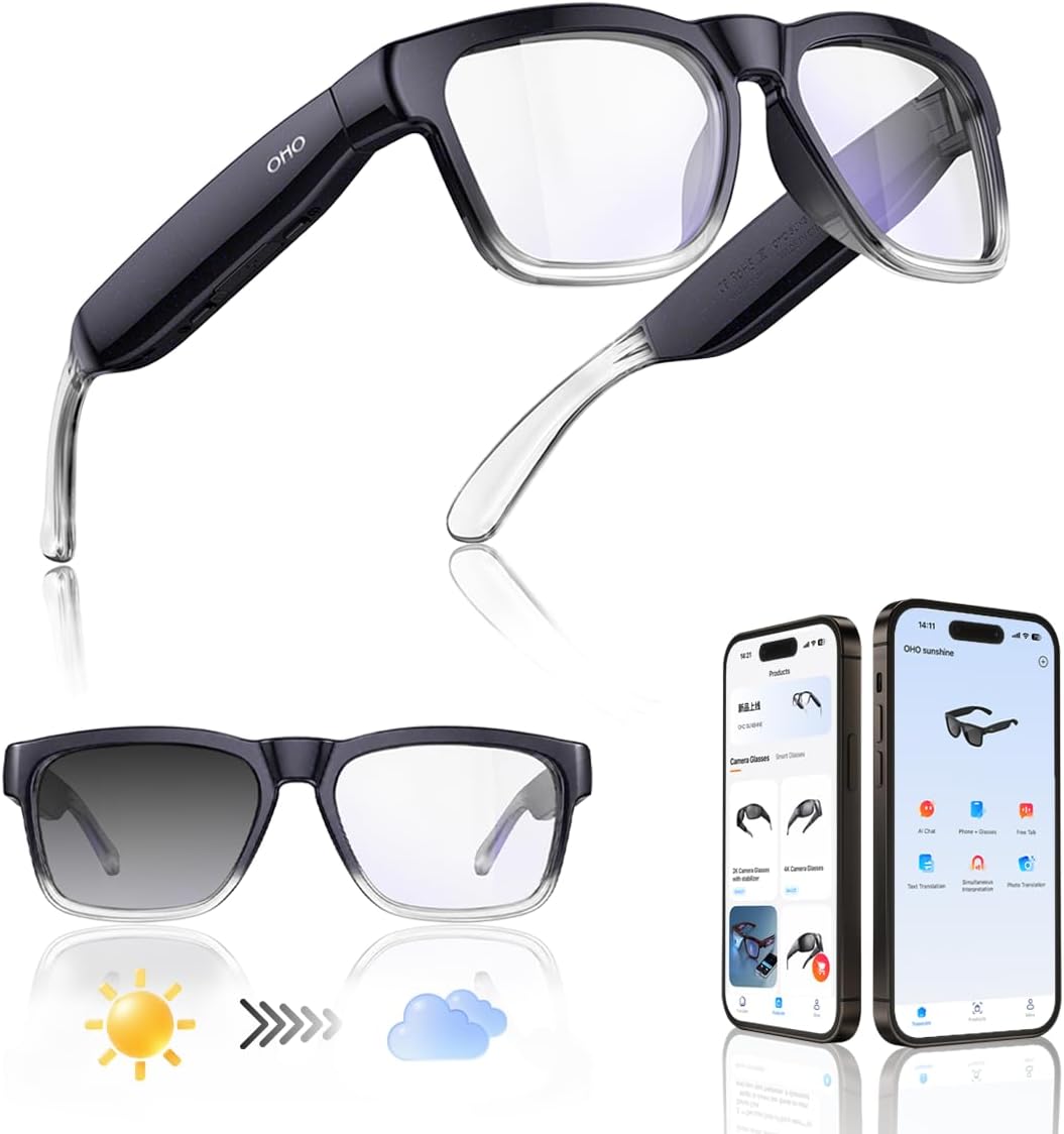 OHO AI Glasses with Bluetooth Audio, Hands-Free Calling, High-Impact 2.0mm Photochromic Blue Light Lenses, Sweat Resistant