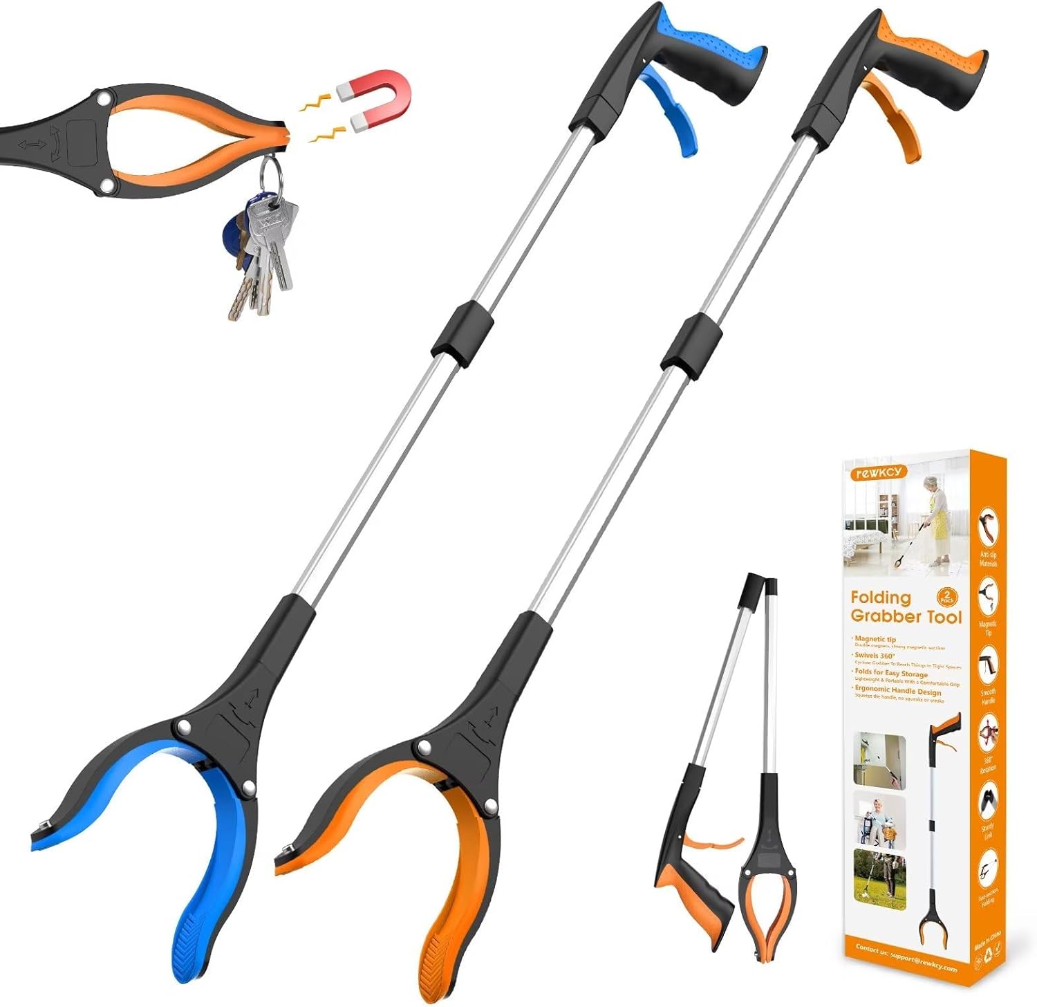 32" Grabber Reacher Tool, 2-Pack Foldable Reacher Grabber Pickup Tool with 360° Rotating Jaw & Magnet, Trash Picker Upper Grabber, Lightweight Grabbers for Seniors Heavy Duty