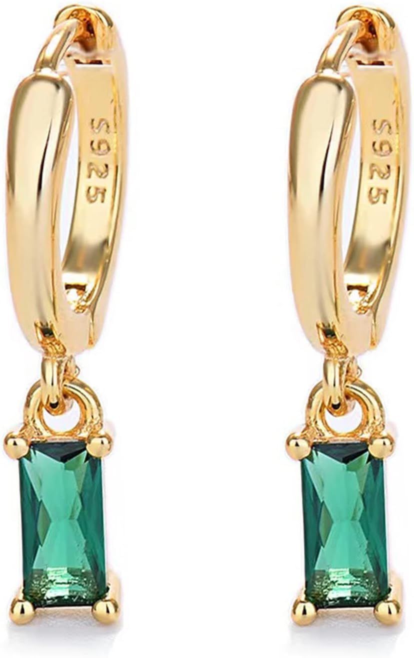 Gold Hoop Earrings With Green Drop, Huggie Hoops For Women & Men - 14K Gold, Hypoallergenic - 2PCS
