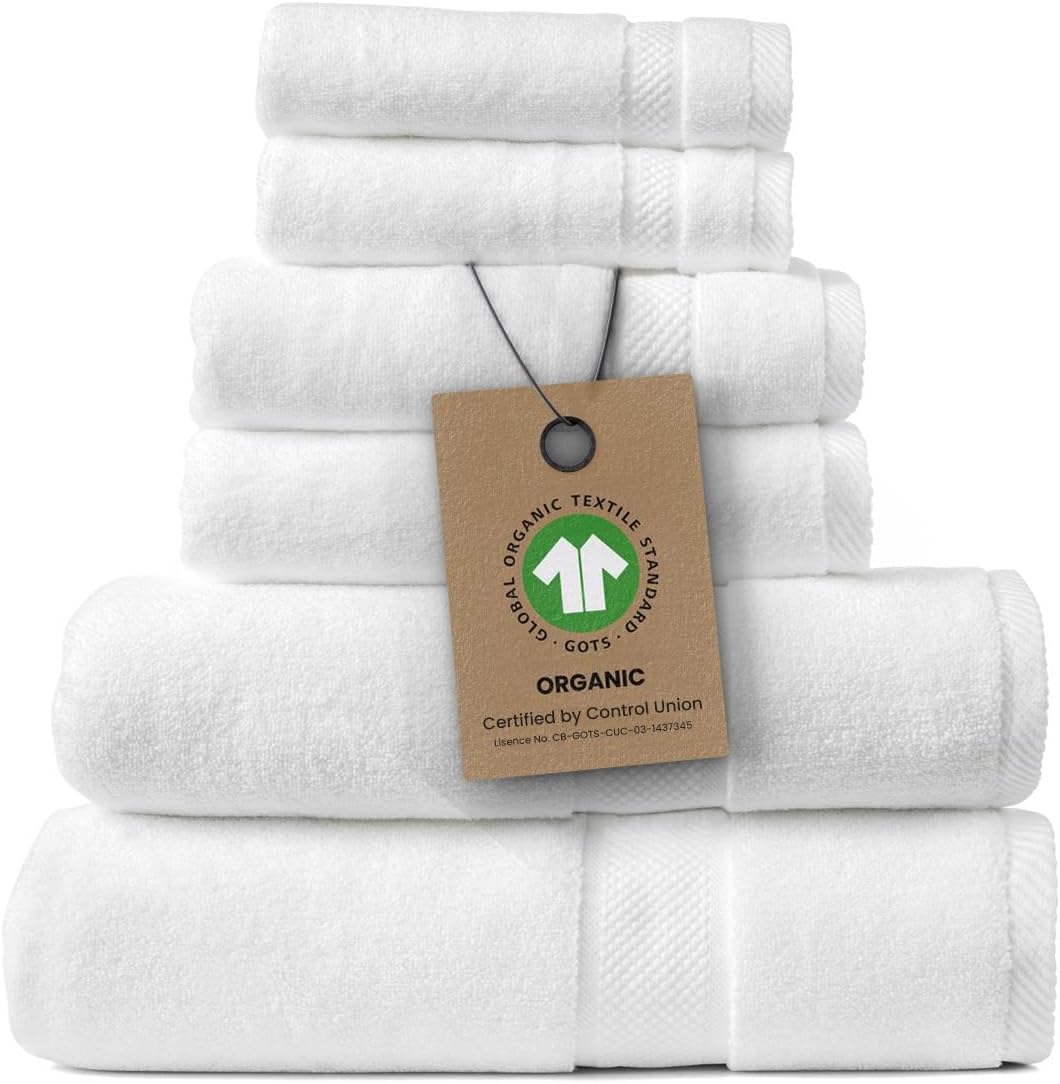 Alusa Home 100% Organic Zero-Twist Cotton Towels - GOTS Certified Luxury Bath Towels - Ultra Soft & Plush 700GSM Long-Staple Cotton - 6 Piece Towel Set (White)