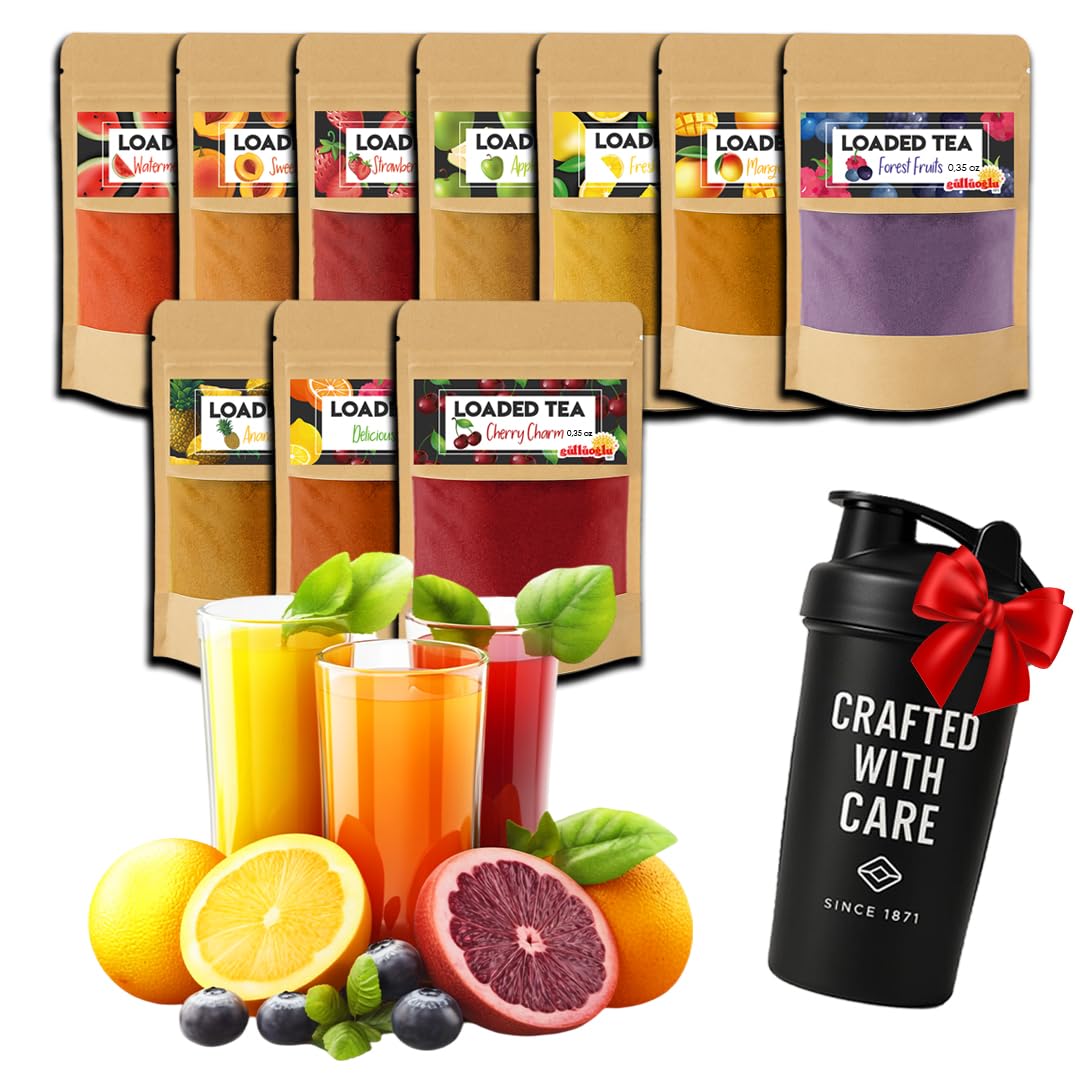 Loaded Tea Pack Mixed Flavors – With Shaker 10 x 10g (0.35 oz) – Each Makes 50 fl oz (1.5 Liters) – 10 Fruity Flavors – Iced Refreshing Drink Loaded Energy Tea