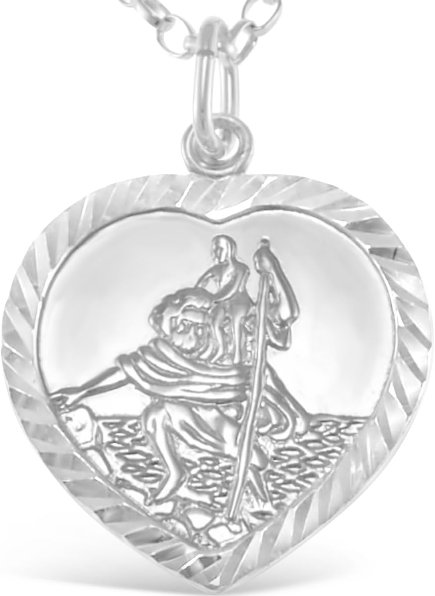 Alexander Castle 925 Sterling Silver St Christopher Pendant Necklace - Heart-Shaped Pendant with 18" Sterling Silver Chain & Jewellery Gift Box