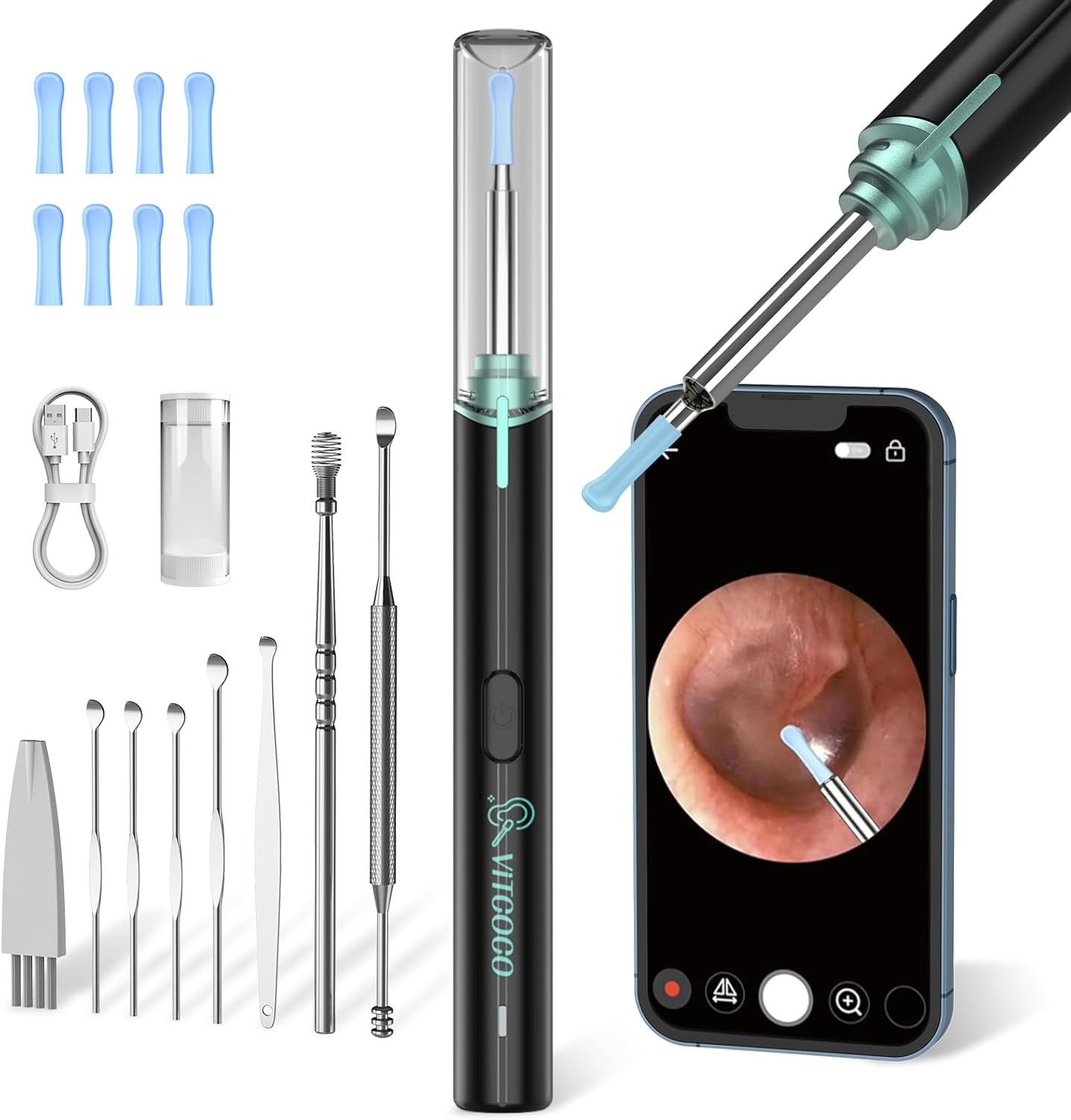 VITCOCO Ear Wax Removal Kit Ear Camera 1920P FHD Wireless Ear Cleaner Ear Wax Remover with 8 PCS Ear Spoon, 3.9mm Waterproof Ear Wax Removal Kit for iPhone, Ipad & Android Smart Phones, Black