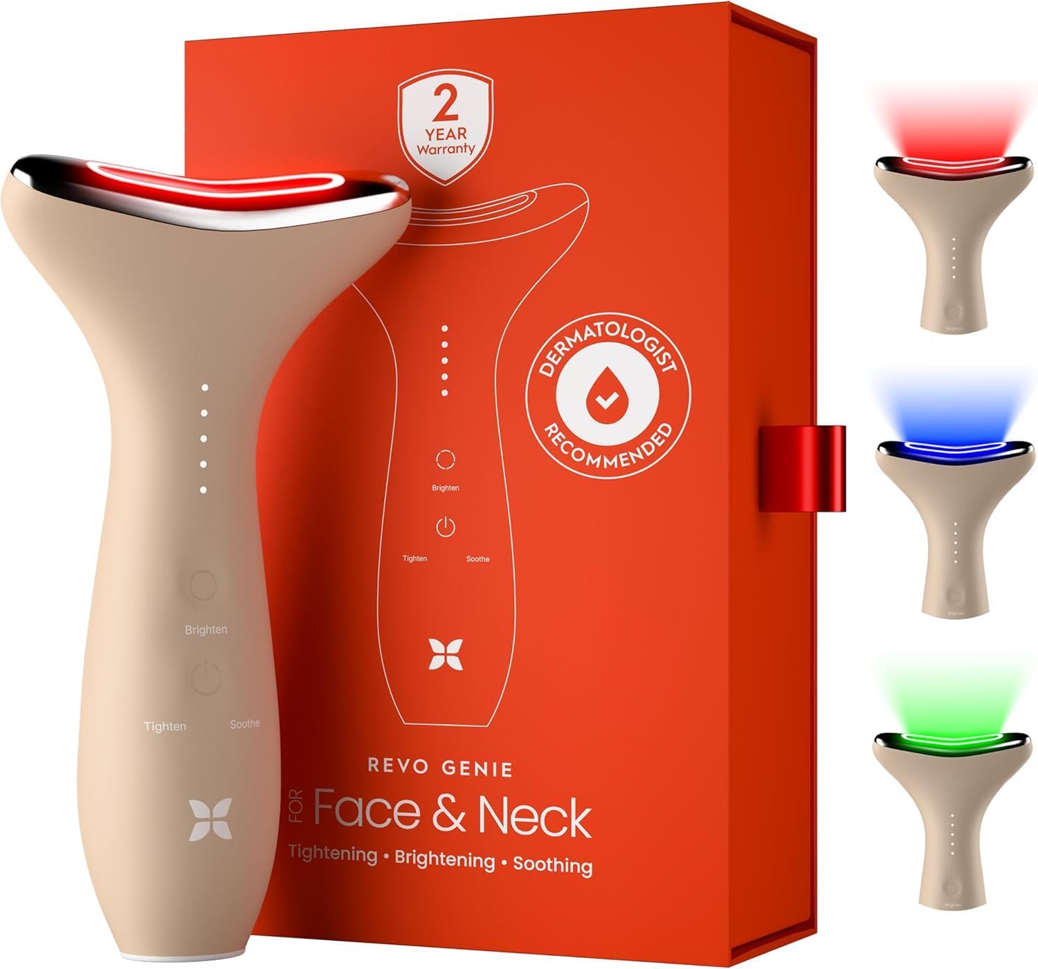 REVO Genie | 3-in-1 Face & Neck Beauty Massager with Heat, 3 Light Therapies, Smart Vibration | Powerful Red Light, Blue Light, and Green Light Therapy for Wrinkles, Hyperpigmentation, Acne & More