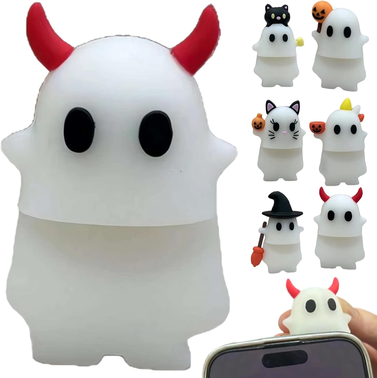 Ghostees Mystery Phone Buddy, Ghostees Ghost Blind Box, Halloween Cute Ghost Phone Charm, Mini Figure Surprise Toy, Peel-and-Stick Design, for All Mobile Phones, Fun Desk Accessory