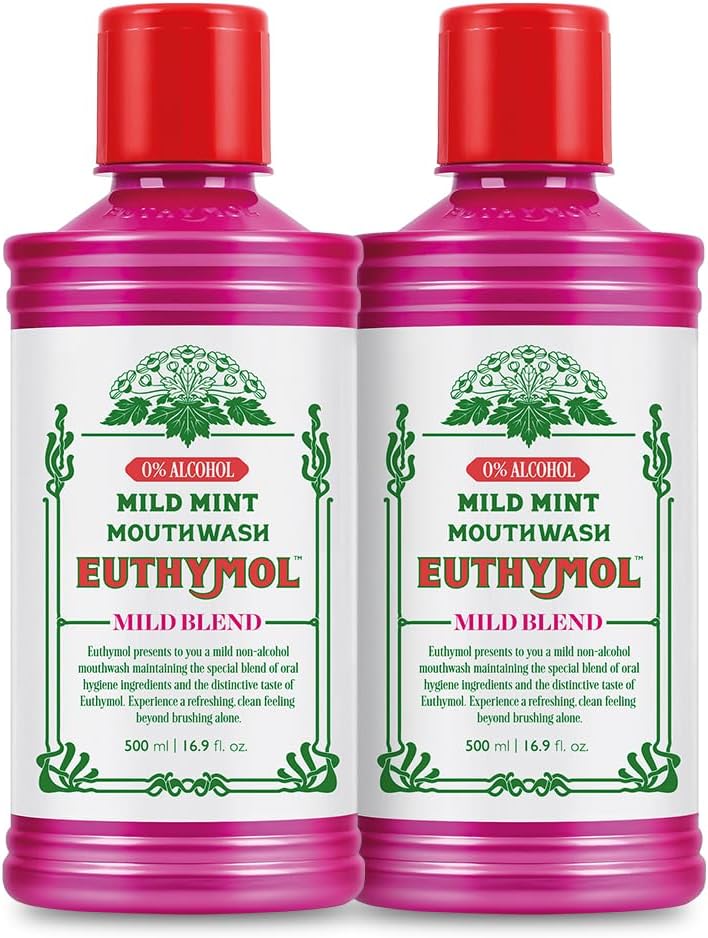 Euthymol Mouthwash Mild Mint 500ml x 2, Contains Flouride Alcohol-Free, Distinctive Strong Taste Flavour, Reduce Plaque Gingival Clean Healty Teeth Gums, Freshens Breath Refreshing Oral Dental Care