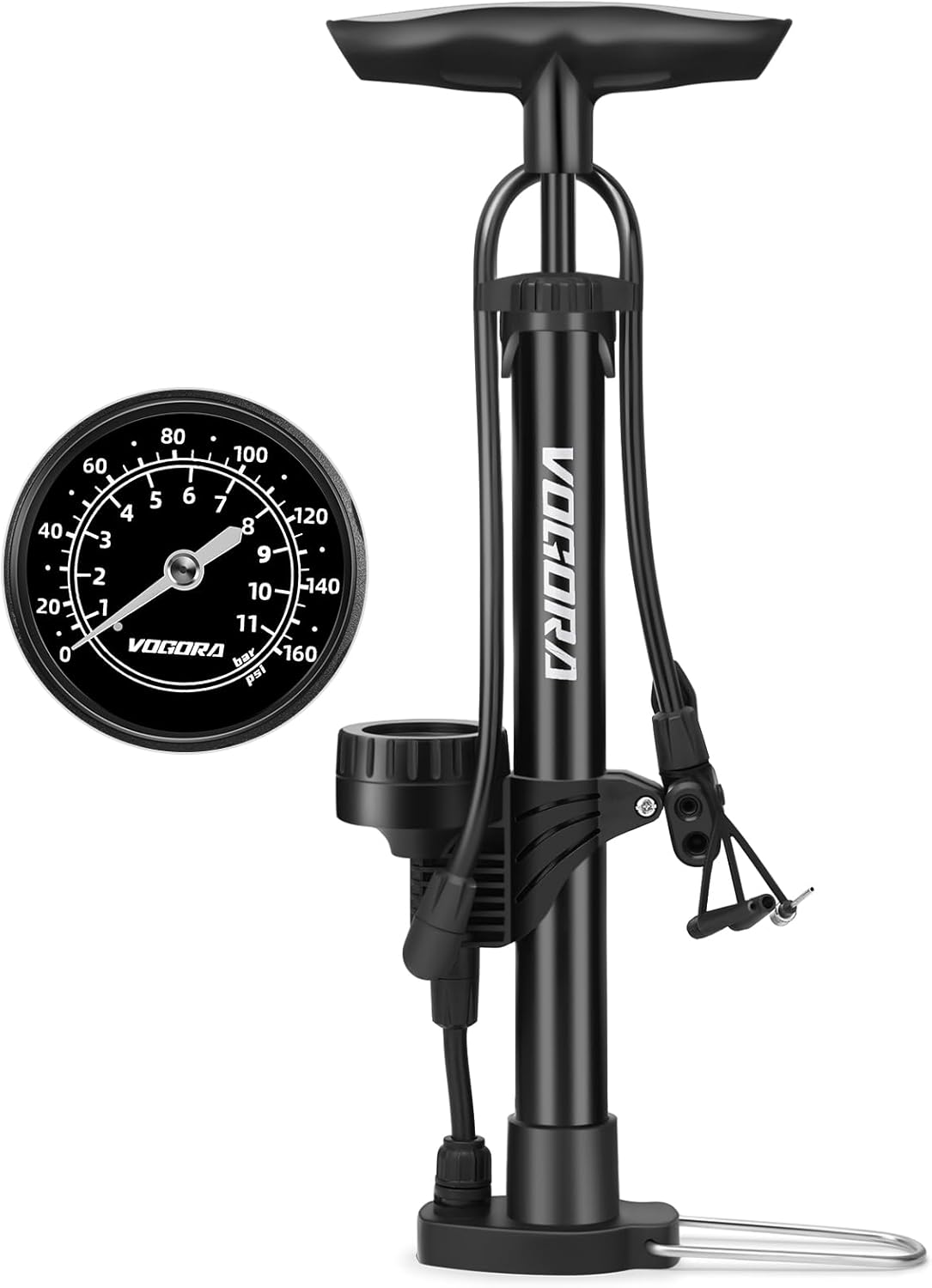 VOGORA Bike Pump with Pressure Gauge, Bicycle Pump with Presta & Schrader Valves Bike Pump for all Bikes, Foot Pump for Car Tyres, Road Mountain Bikes & Balls