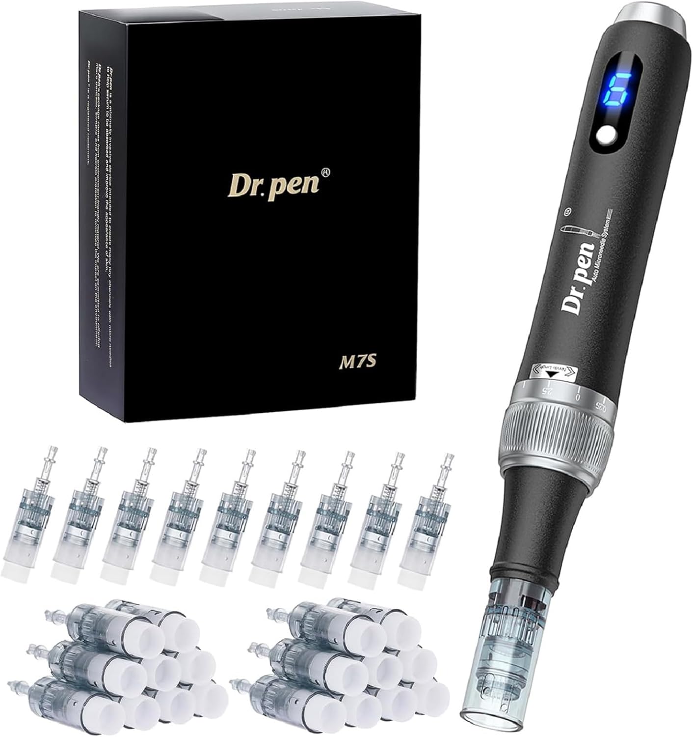 Dr.pen M7S Microneedling Pen, 2025 Dr.pen's Latest Model, Anti-Wrinkles and Scars, Dr.pen Microneedling with 27Pcs Cartridges(9 Types), Professional Microneedling for Face/Body/Hair Growth, Black