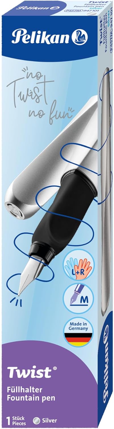 Pelikan Twist Fountain Pen with 1 Ink Cartridge, Medium Nib, Silver, Boxed (947101)