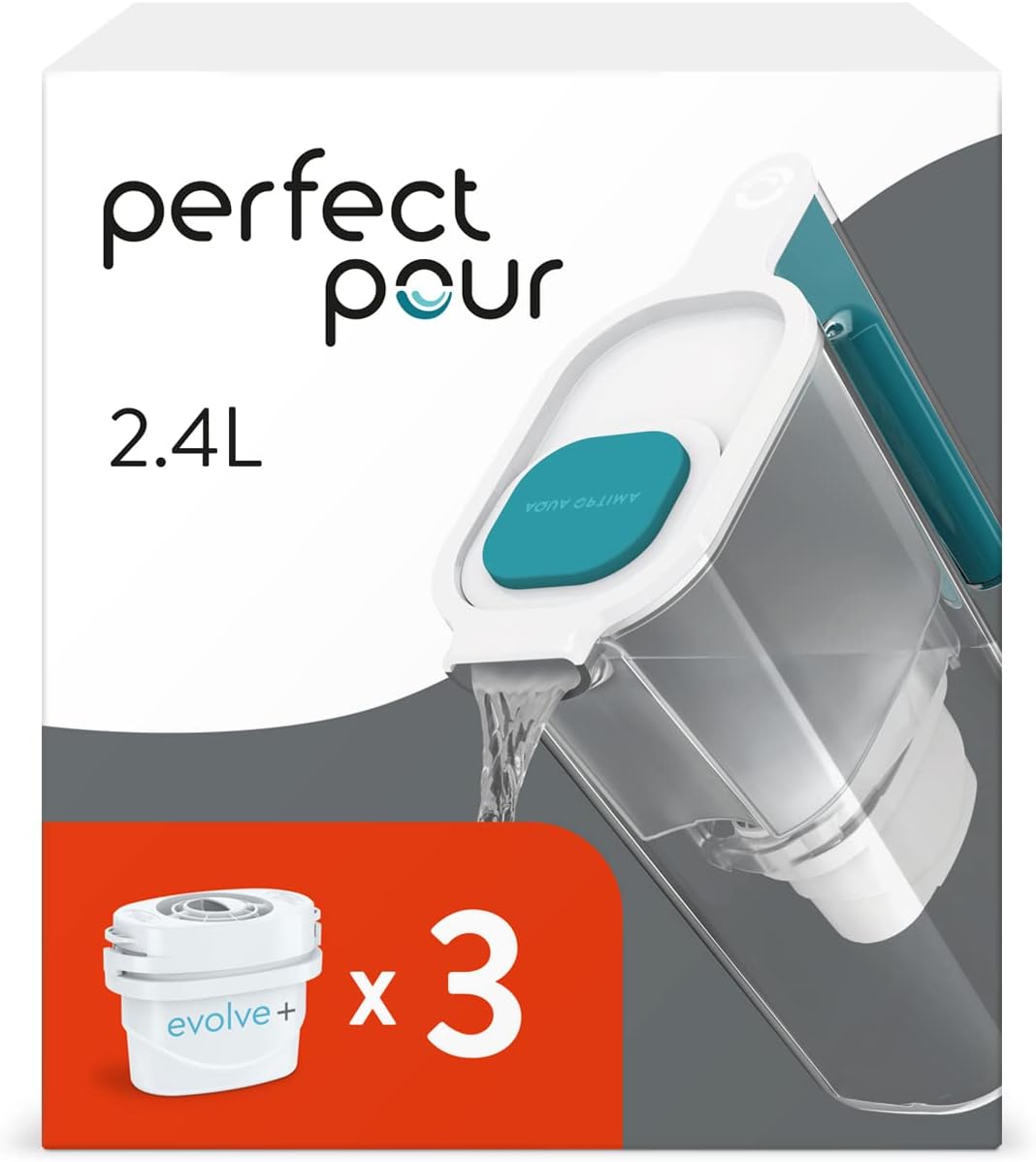 Aqua Optima Perfect Pour Water Filter Jug & 3 Evolve+ Filter Cartridge, 2.4L, Blue - Fridge & Dishwasher Friendly - Reduces Limescale, Chlorine and Other Impurities - By Laica (Packaging May Vary)