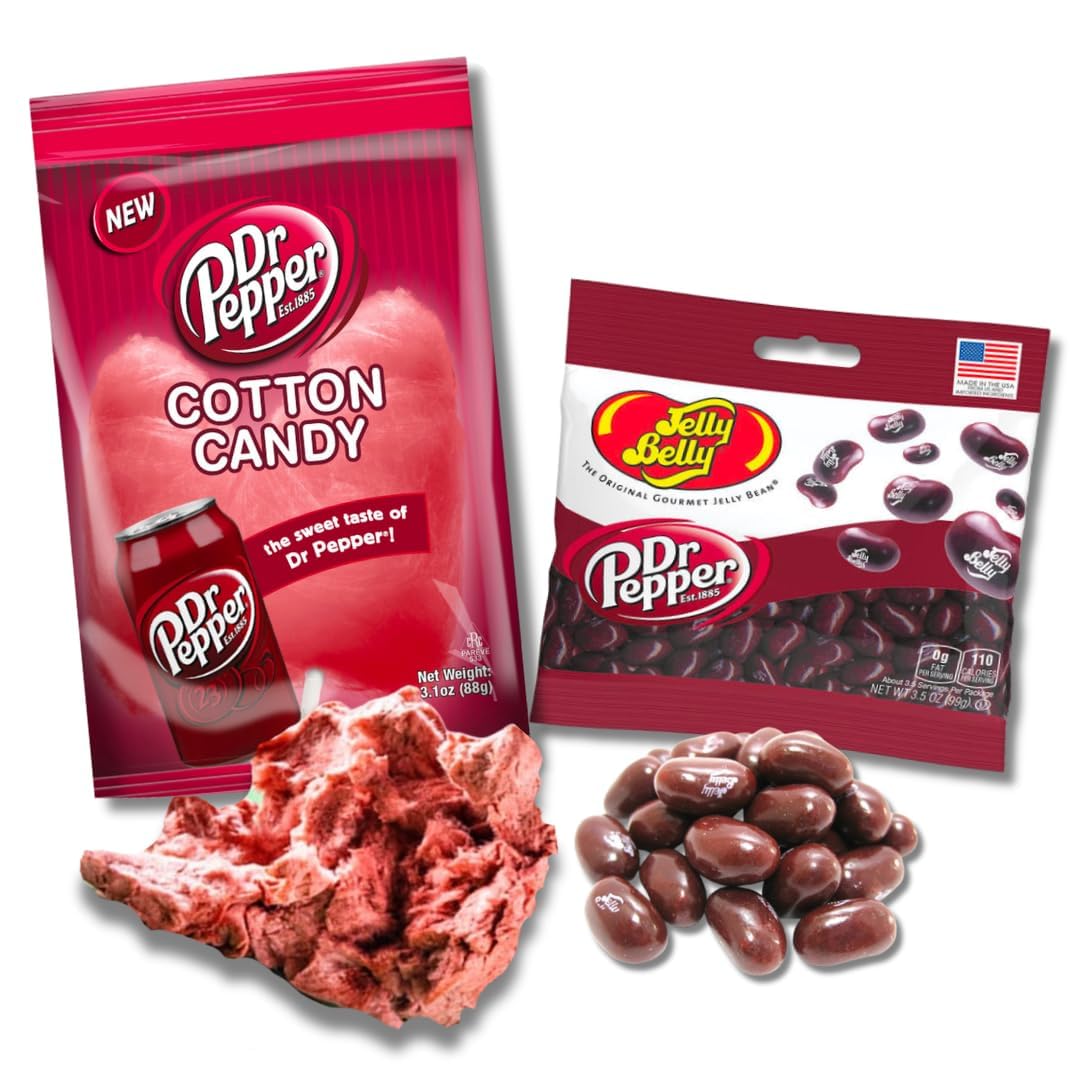 Soda Lover's Gift Bundle - A&W Root Beer or Dr. Pepper Cotton Candy (3.1 oz) & Root Beer or Dr. Pepper Jelly Belly Jelly Beans (3.5 oz) by Lyza's Sweets & Treats (Dr. Pepper)