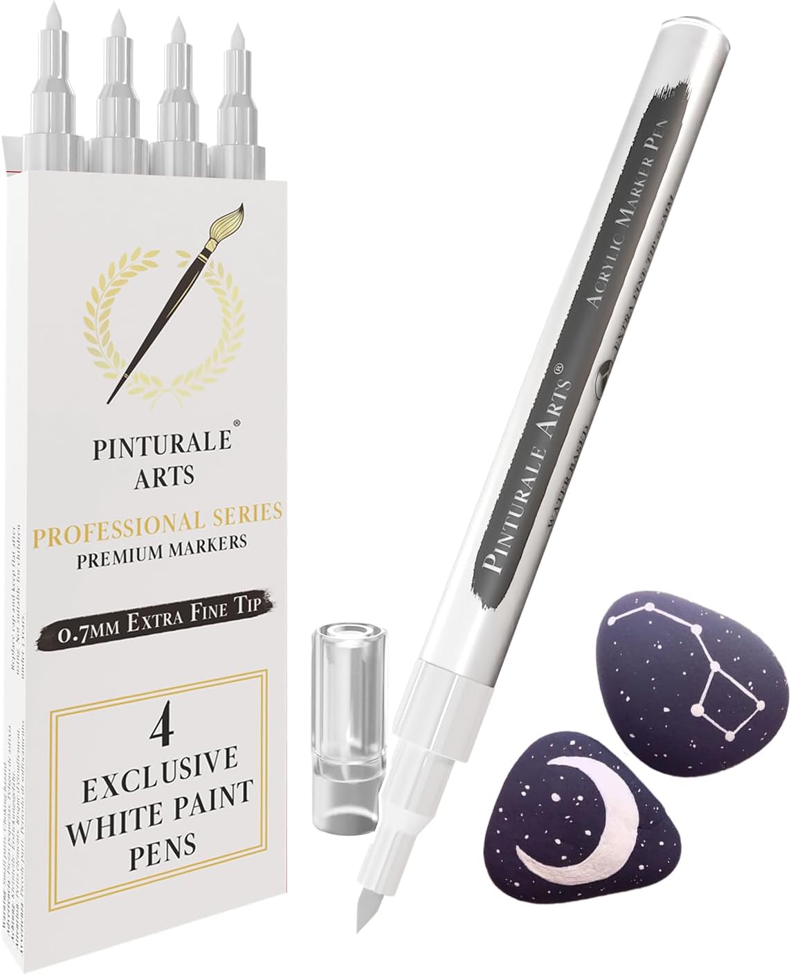 Pinturale Arts® White Paint Pen | Set 4 White Acrylic Paint Pen Extra Fine Tip 0,7mm For Fabric, Black Paper, Ceramics, Stones, Glass, Wood, Canvas